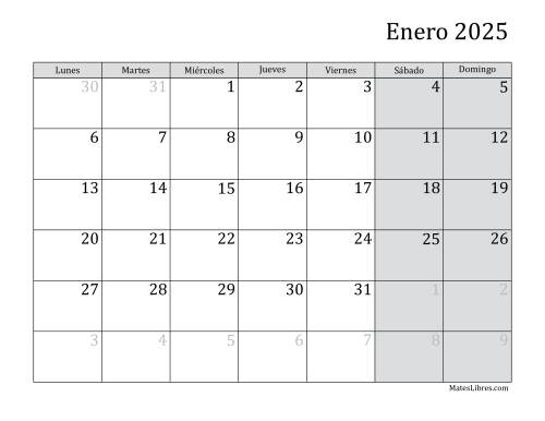 La hoja de ejercicios de Calendario Mensual de 2025 con el Lunes como primer día de la semana
