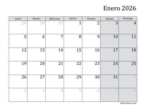 La hoja de ejercicios de Calendario Mensual de 2026 con el Lunes como primer día de la semana