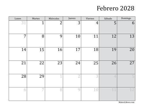 La hoja de ejercicios de Calendario Mensual de 2028 con el Lunes como primer día de la semana Página 2