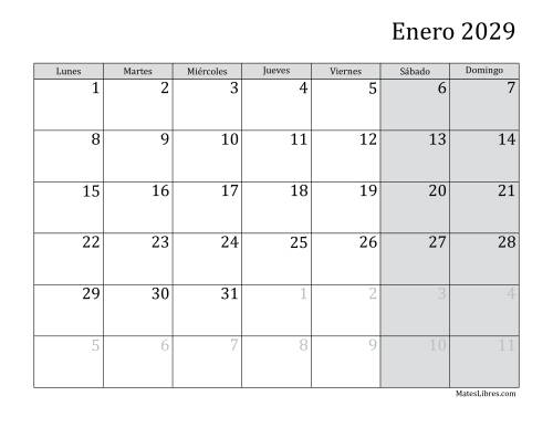 La hoja de ejercicios de Calendario Mensual de 2029 con el Lunes como primer día de la semana