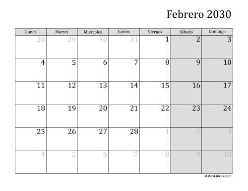 La hoja de ejercicios de Calendario Mensual de 2030 con el Lunes como primer día de la semana (2030) Página 2