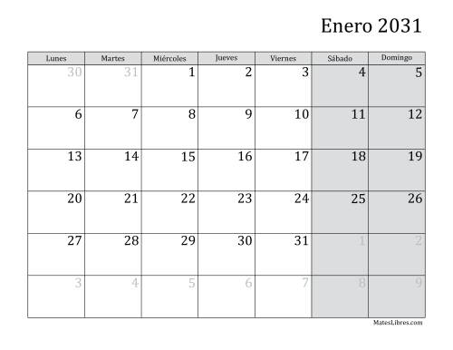 La hoja de ejercicios de Calendario Mensual de 2031 con el Lunes como primer día de la semana