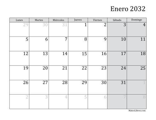 La hoja de ejercicios de Calendario Mensual de 2032 con el Lunes como primer día de la semana