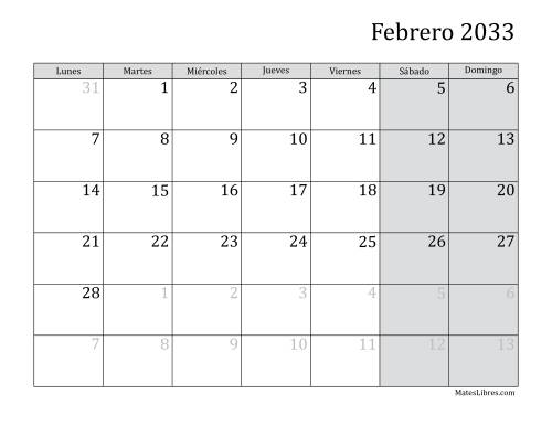 La hoja de ejercicios de Calendario Mensual de 2033 con el Lunes como primer día de la semana Página 2