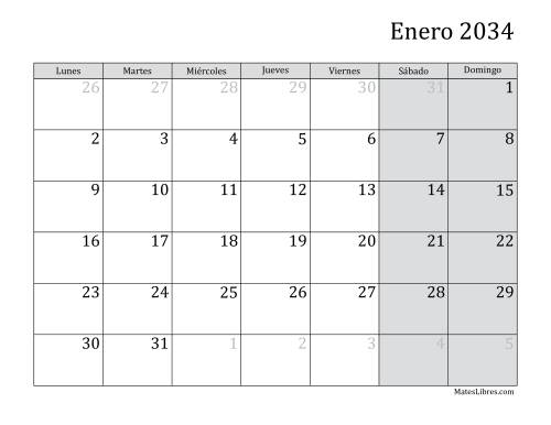 La hoja de ejercicios de Calendario Mensual de 2034 con el Lunes como primer día de la semana