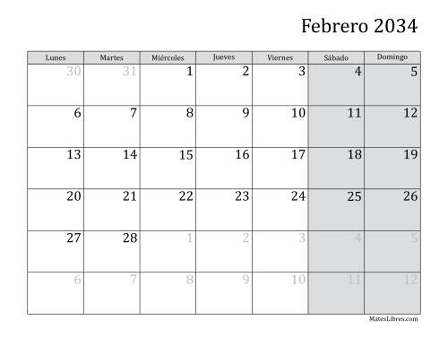 La hoja de ejercicios de Calendario Mensual de 2034 con el Lunes como primer día de la semana Página 2