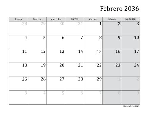 La hoja de ejercicios de Calendario Mensual de 2036 con el Lunes como primer día de la semana Página 2
