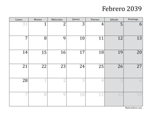 La hoja de ejercicios de Calendario Mensual de 2039 con el Lunes como primer día de la semana Página 2