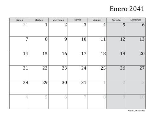La hoja de ejercicios de Calendario Mensual de 2041 con el Lunes como primer día de la semana