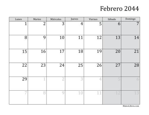 La hoja de ejercicios de Calendario Mensual de 2044 con el Lunes como primer día de la semana Página 2
