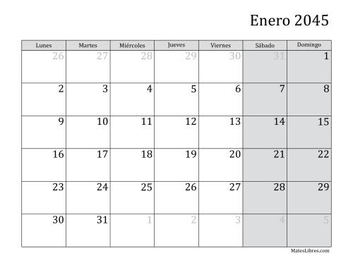 La hoja de ejercicios de Calendario Mensual de 2045 con el Lunes como primer día de la semana