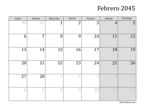 La hoja de ejercicios de Calendario Mensual de 2045 con el Lunes como primer día de la semana Página 2