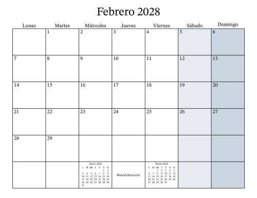 La hoja de ejercicios de Calendario Mensual Rellenable del Año 2028 con el Lunes como primer día (2028) Página 2