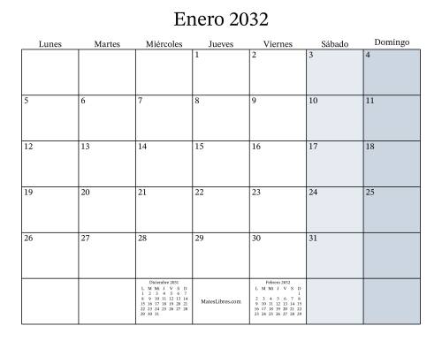La hoja de ejercicios de Calendario Mensual Rellenable del Año 2032 con el Lunes como primer día (2032)