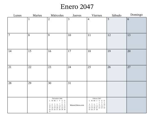 La hoja de ejercicios de Calendario Mensual Rellenable del Año 2047 con el Lunes como primer día (2047)