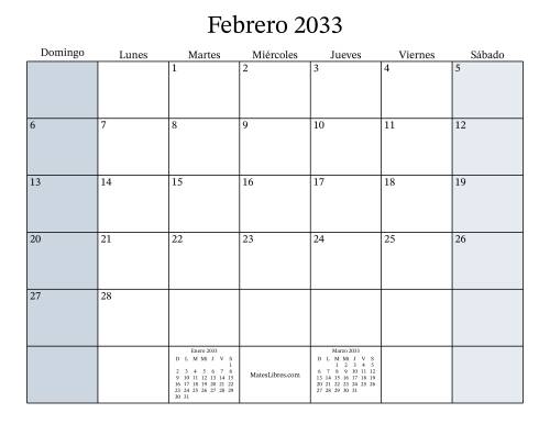 La hoja de ejercicios de Calendario Mensual Rellenable del Año 2033 (2033) Página 2