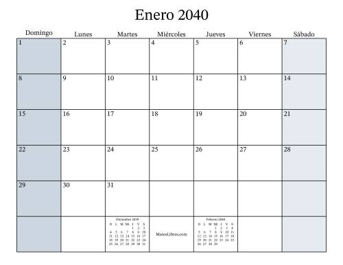La hoja de ejercicios de Calendario Mensual Rellenable del Año 2040 (2040)