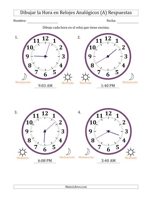 La hoja de ejercicios de Representar la Hora en Relojes Analógicos de 12 Horas en Intervalos de 1 Minuto (4 Relojes Grandes) (A) Página 2
