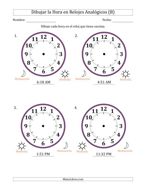 La hoja de ejercicios de Representar la Hora en Relojes Analógicos de 12 Horas en Intervalos de 1 Minuto (4 Relojes Grandes) (B)