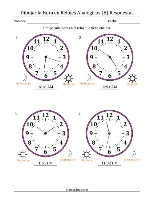 La hoja de ejercicios de Representar la Hora en Relojes Analógicos de 12 Horas en Intervalos de 1 Minuto (4 Relojes Grandes) (B) Página 2