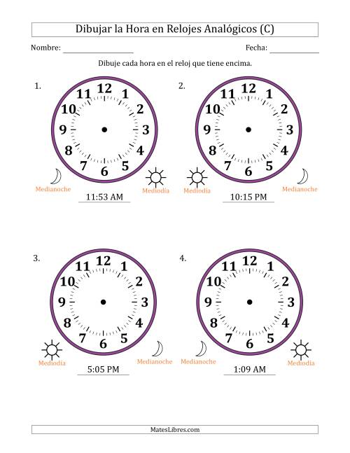 La hoja de ejercicios de Representar la Hora en Relojes Analógicos de 12 Horas en Intervalos de 1 Minuto (4 Relojes Grandes) (C)
