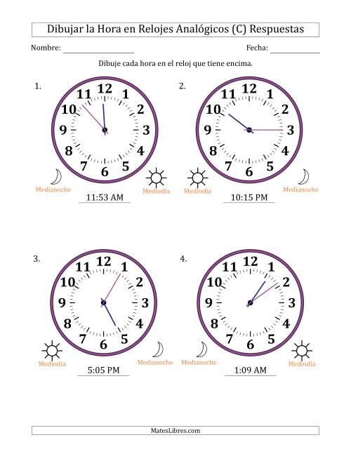 La hoja de ejercicios de Representar la Hora en Relojes Analógicos de 12 Horas en Intervalos de 1 Minuto (4 Relojes Grandes) (C) Página 2