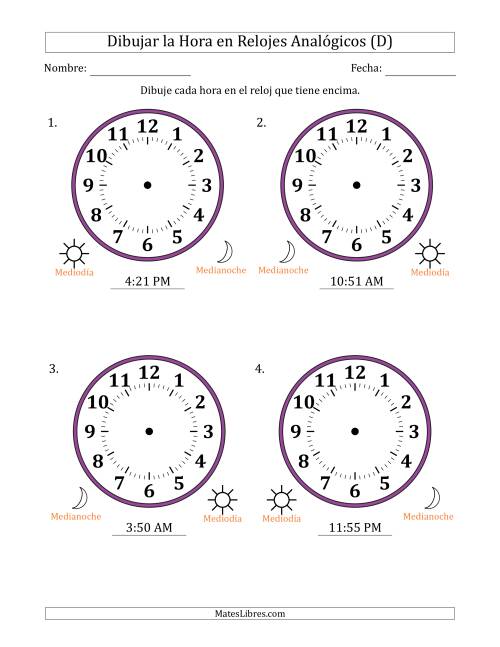 La hoja de ejercicios de Representar la Hora en Relojes Analógicos de 12 Horas en Intervalos de 1 Minuto (4 Relojes Grandes) (D)