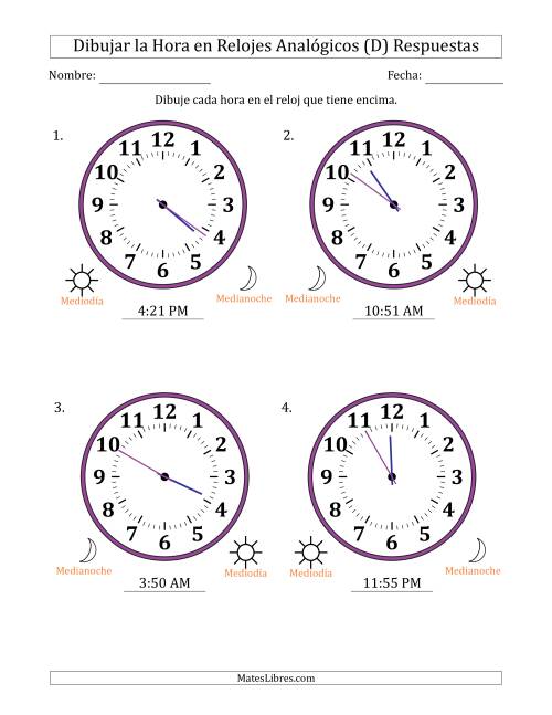 La hoja de ejercicios de Representar la Hora en Relojes Analógicos de 12 Horas en Intervalos de 1 Minuto (4 Relojes Grandes) (D) Página 2