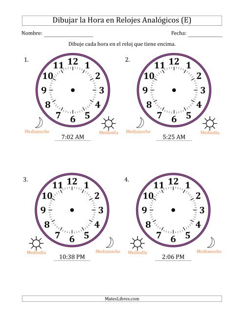 La hoja de ejercicios de Representar la Hora en Relojes Analógicos de 12 Horas en Intervalos de 1 Minuto (4 Relojes Grandes) (E)