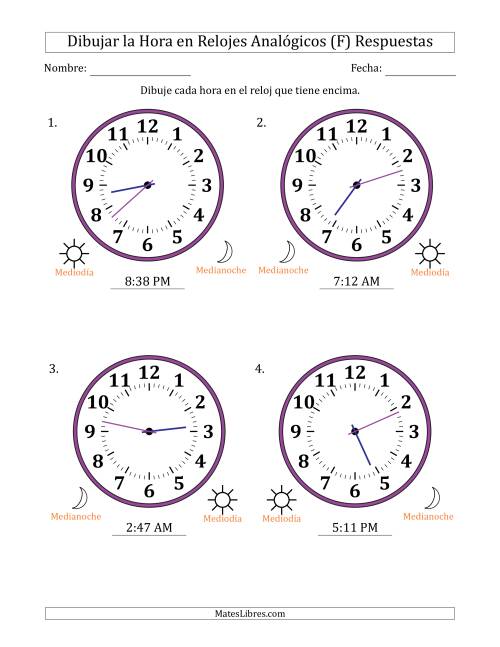 La hoja de ejercicios de Representar la Hora en Relojes Analógicos de 12 Horas en Intervalos de 1 Minuto (4 Relojes Grandes) (F) Página 2