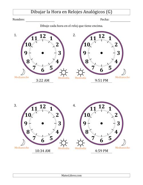 La hoja de ejercicios de Representar la Hora en Relojes Analógicos de 12 Horas en Intervalos de 1 Minuto (4 Relojes Grandes) (G)