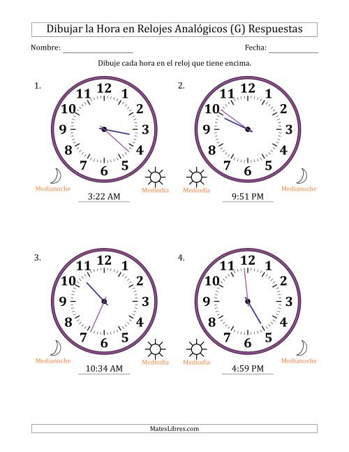 La hoja de ejercicios de Representar la Hora en Relojes Analógicos de 12 Horas en Intervalos de 1 Minuto (4 Relojes Grandes) (G) Página 2