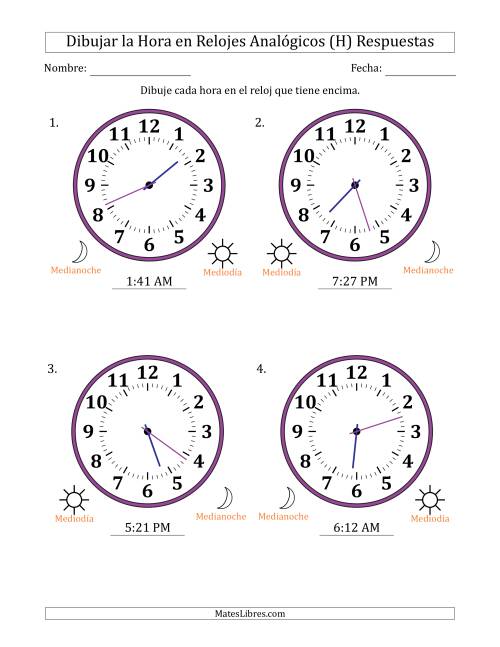 La hoja de ejercicios de Representar la Hora en Relojes Analógicos de 12 Horas en Intervalos de 1 Minuto (4 Relojes Grandes) (H) Página 2