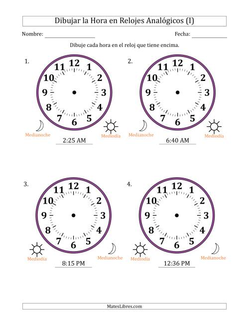 La hoja de ejercicios de Representar la Hora en Relojes Analógicos de 12 Horas en Intervalos de 1 Minuto (4 Relojes Grandes) (I)