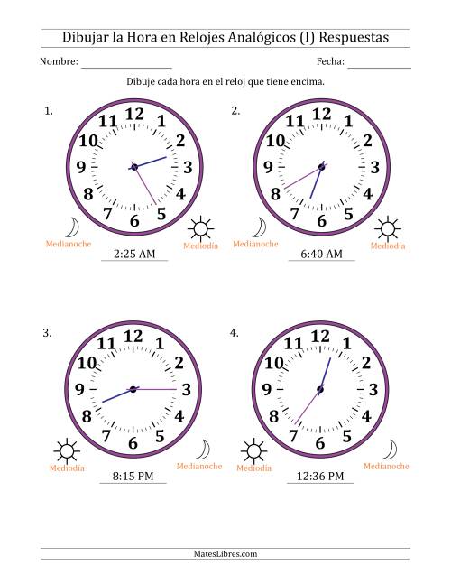 La hoja de ejercicios de Representar la Hora en Relojes Analógicos de 12 Horas en Intervalos de 1 Minuto (4 Relojes Grandes) (I) Página 2
