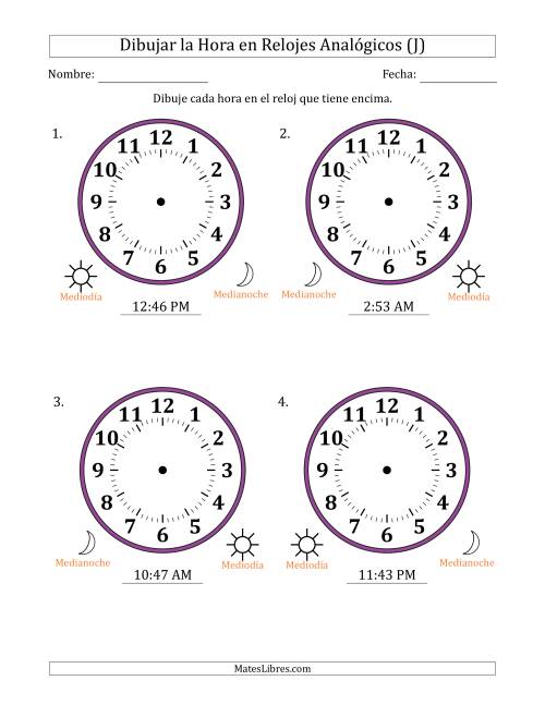 La hoja de ejercicios de Representar la Hora en Relojes Analógicos de 12 Horas en Intervalos de 1 Minuto (4 Relojes Grandes) (J)