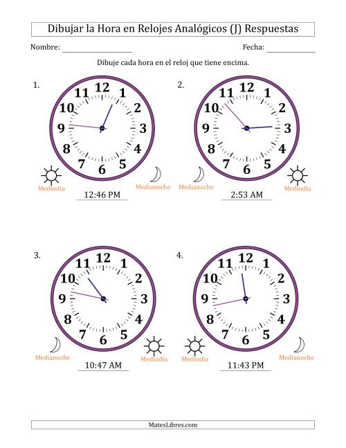 La hoja de ejercicios de Representar la Hora en Relojes Analógicos de 12 Horas en Intervalos de 1 Minuto (4 Relojes Grandes) (J) Página 2