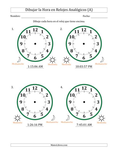 La hoja de ejercicios de Representar la Hora en Relojes Analógicos de 12 Horas en Intervalos de 1 Segundo (4 Relojes Grandes) (A)