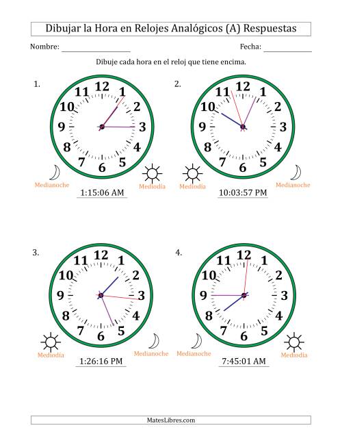 La hoja de ejercicios de Representar la Hora en Relojes Analógicos de 12 Horas en Intervalos de 1 Segundo (4 Relojes Grandes) (A) Página 2