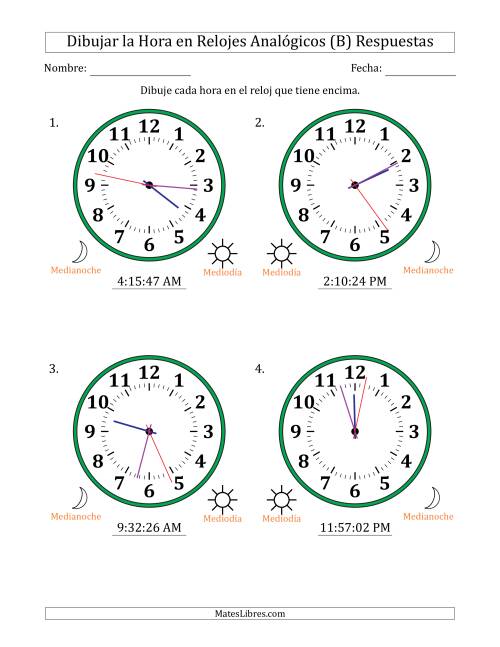 La hoja de ejercicios de Representar la Hora en Relojes Analógicos de 12 Horas en Intervalos de 1 Segundo (4 Relojes Grandes) (B) Página 2
