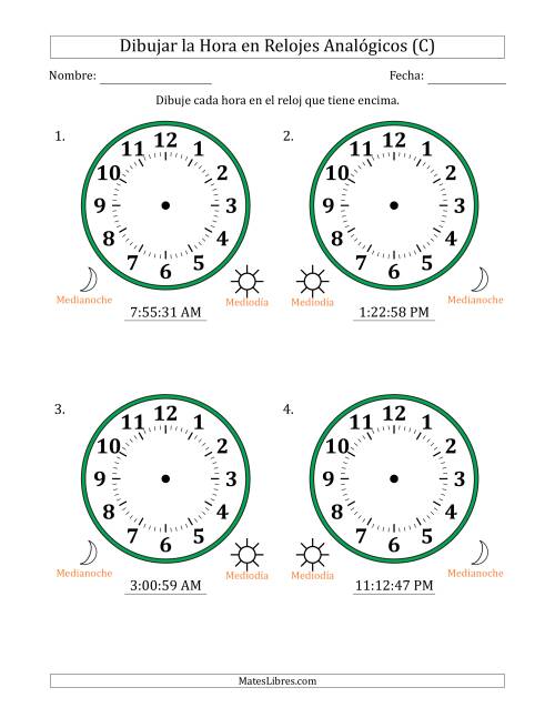 La hoja de ejercicios de Representar la Hora en Relojes Analógicos de 12 Horas en Intervalos de 1 Segundo (4 Relojes Grandes) (C)