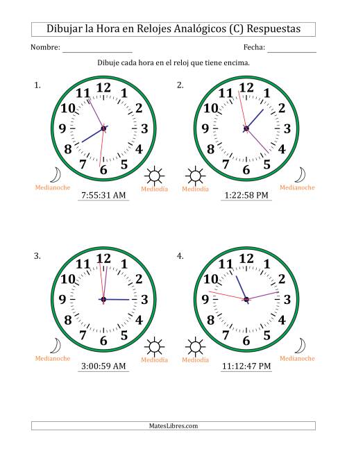 La hoja de ejercicios de Representar la Hora en Relojes Analógicos de 12 Horas en Intervalos de 1 Segundo (4 Relojes Grandes) (C) Página 2