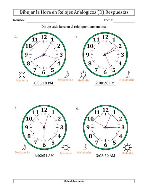 La hoja de ejercicios de Representar la Hora en Relojes Analógicos de 12 Horas en Intervalos de 1 Segundo (4 Relojes Grandes) (D) Página 2