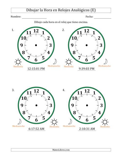 La hoja de ejercicios de Representar la Hora en Relojes Analógicos de 12 Horas en Intervalos de 1 Segundo (4 Relojes Grandes) (E)
