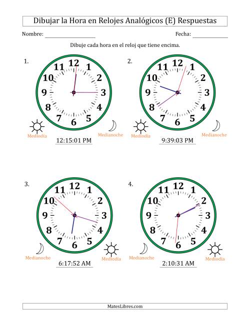 La hoja de ejercicios de Representar la Hora en Relojes Analógicos de 12 Horas en Intervalos de 1 Segundo (4 Relojes Grandes) (E) Página 2