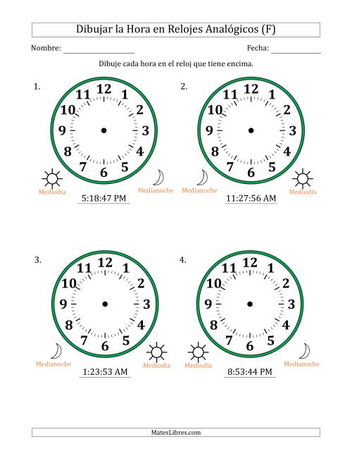 La hoja de ejercicios de Representar la Hora en Relojes Analógicos de 12 Horas en Intervalos de 1 Segundo (4 Relojes Grandes) (F)