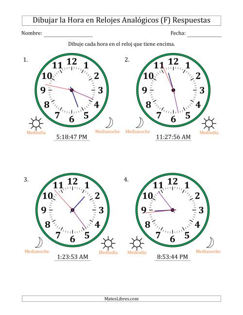La hoja de ejercicios de Representar la Hora en Relojes Analógicos de 12 Horas en Intervalos de 1 Segundo (4 Relojes Grandes) (F) Página 2
