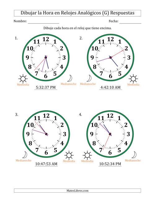 La hoja de ejercicios de Representar la Hora en Relojes Analógicos de 12 Horas en Intervalos de 1 Segundo (4 Relojes Grandes) (G) Página 2