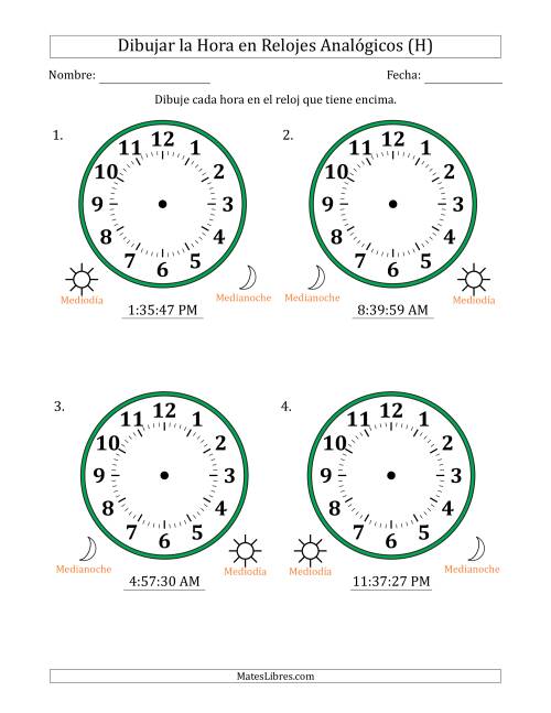 La hoja de ejercicios de Representar la Hora en Relojes Analógicos de 12 Horas en Intervalos de 1 Segundo (4 Relojes Grandes) (H)