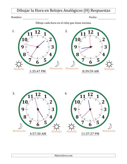 La hoja de ejercicios de Representar la Hora en Relojes Analógicos de 12 Horas en Intervalos de 1 Segundo (4 Relojes Grandes) (H) Página 2